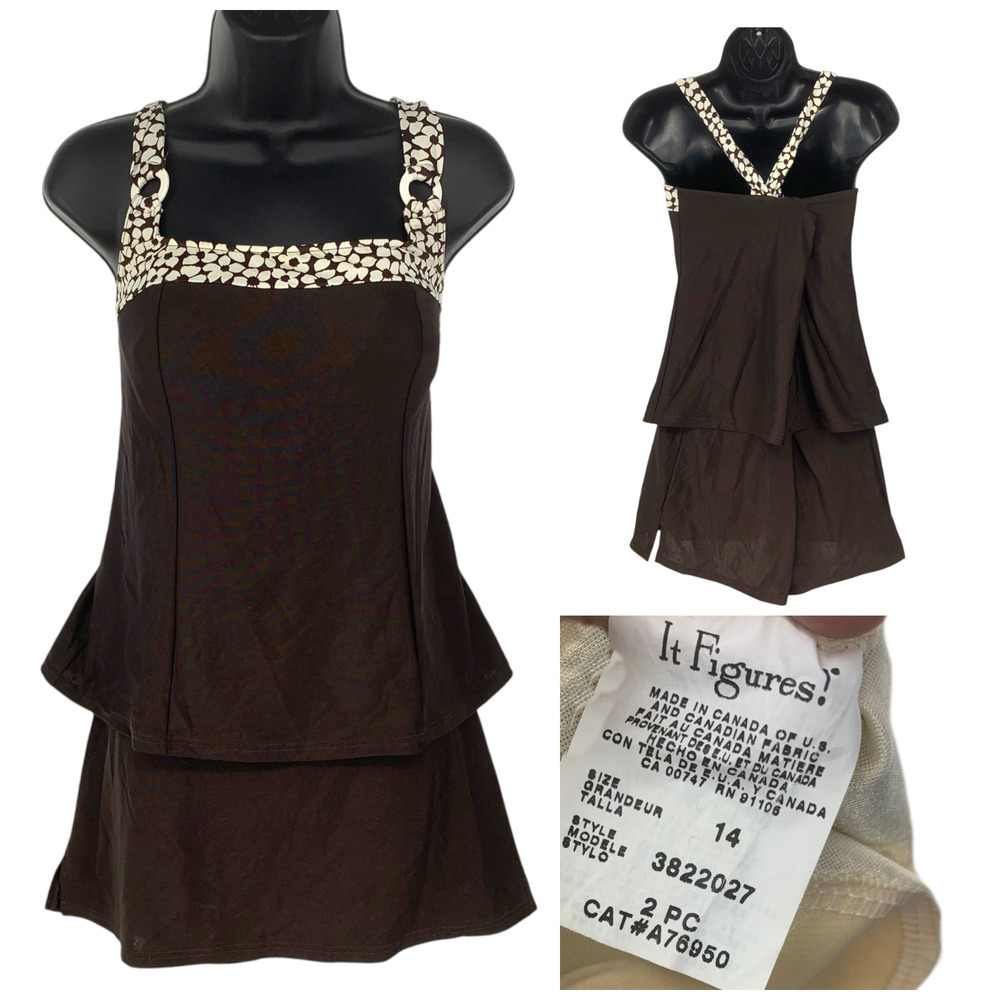 Vintage Y2K It Figures! Sz 14 Brown Flower Power Tankini Skirtini Swimsuit